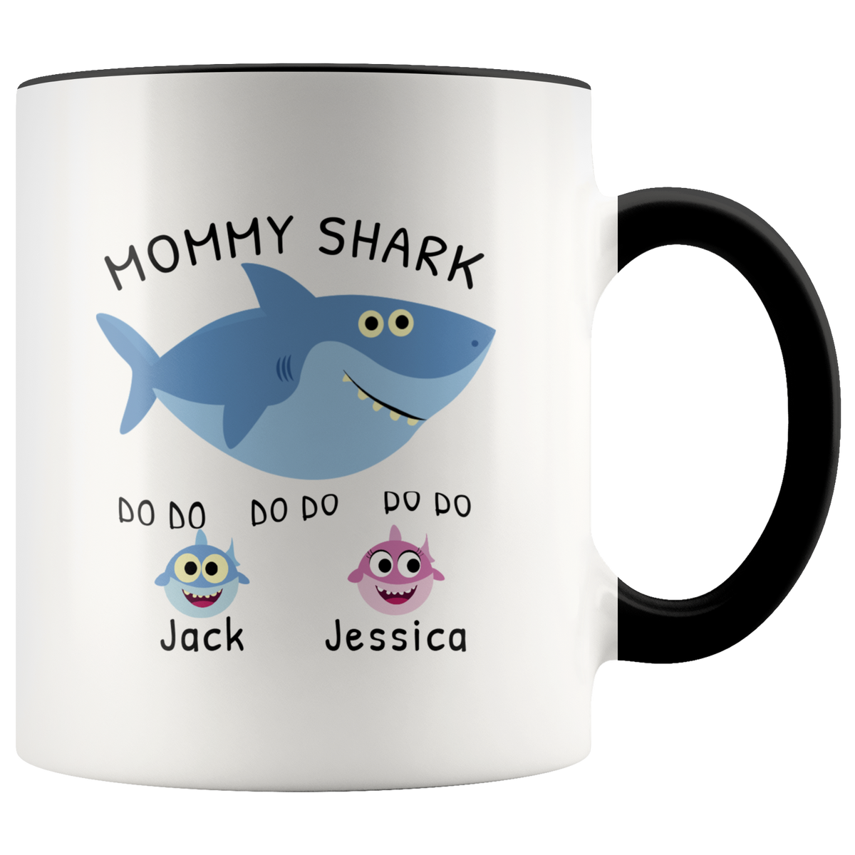 Personalized Wife Birthday Gift Mug - Mommy Shark With Custom Kids' Names Accent Coffee Mug 11oz