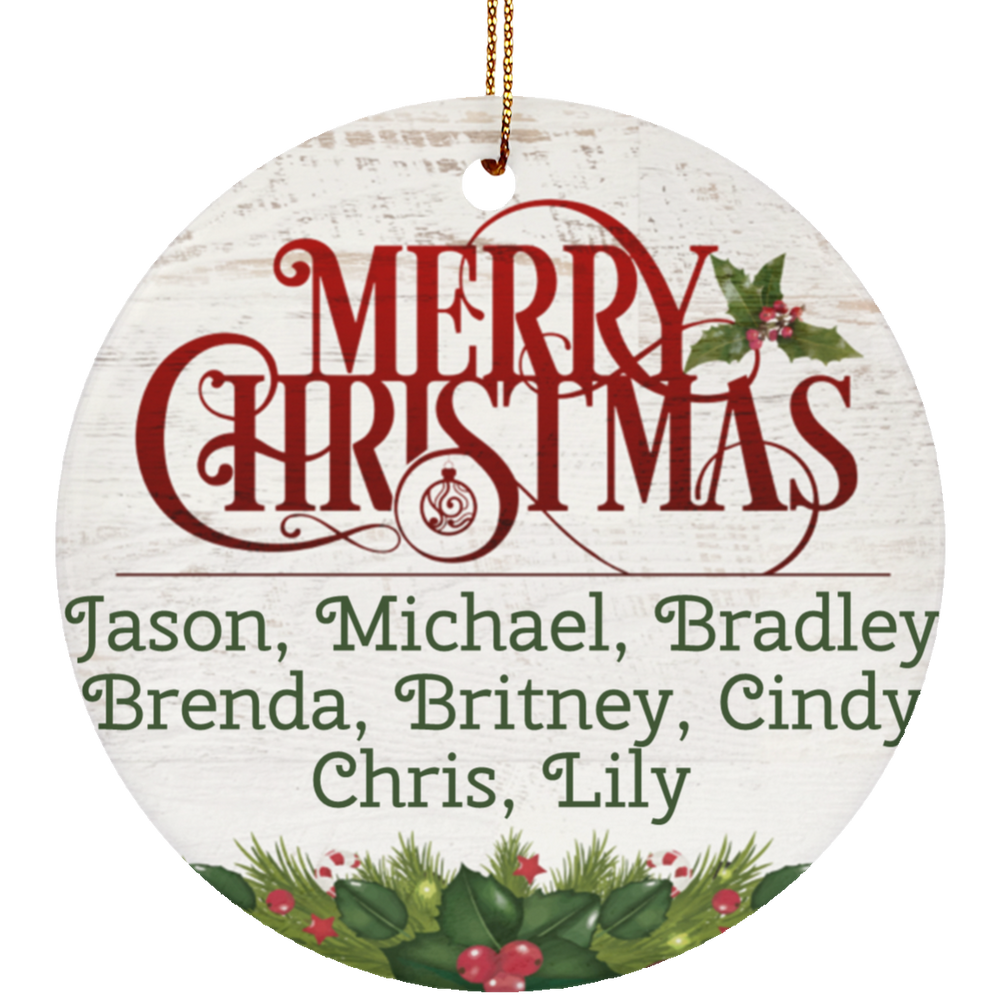 Personalized Ceramic Christmas Circle Ornament - Merry Christmas With Custom Names 5 6 7 person family
