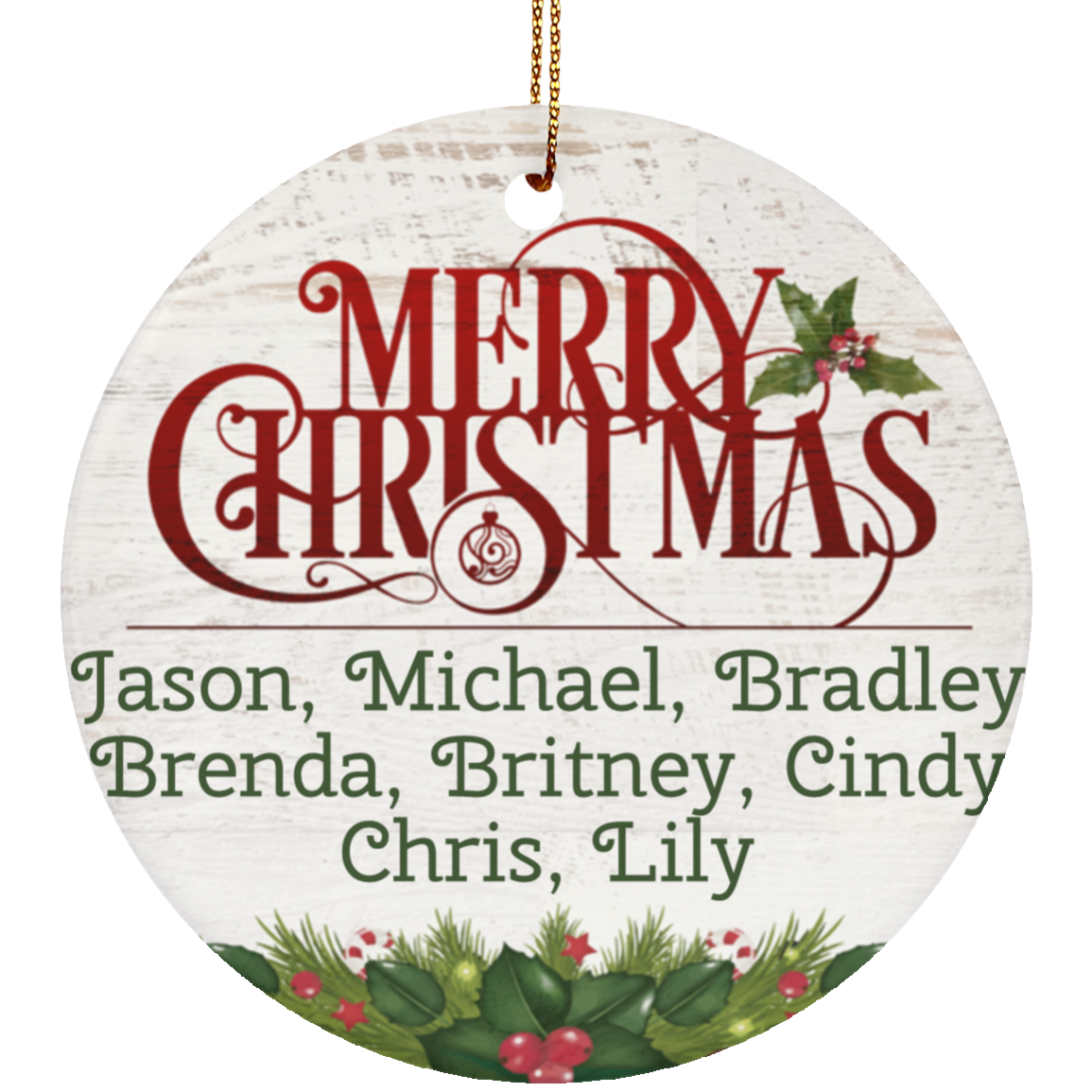 Personalized Ceramic Christmas Circle Ornament - Merry Christmas With Custom Names 5 6 7 person family