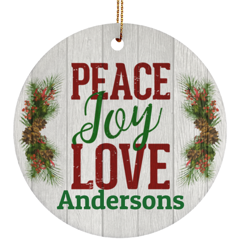 Personalized Peace Love Joy Family Name Ceramic Circle Christmas Ornament