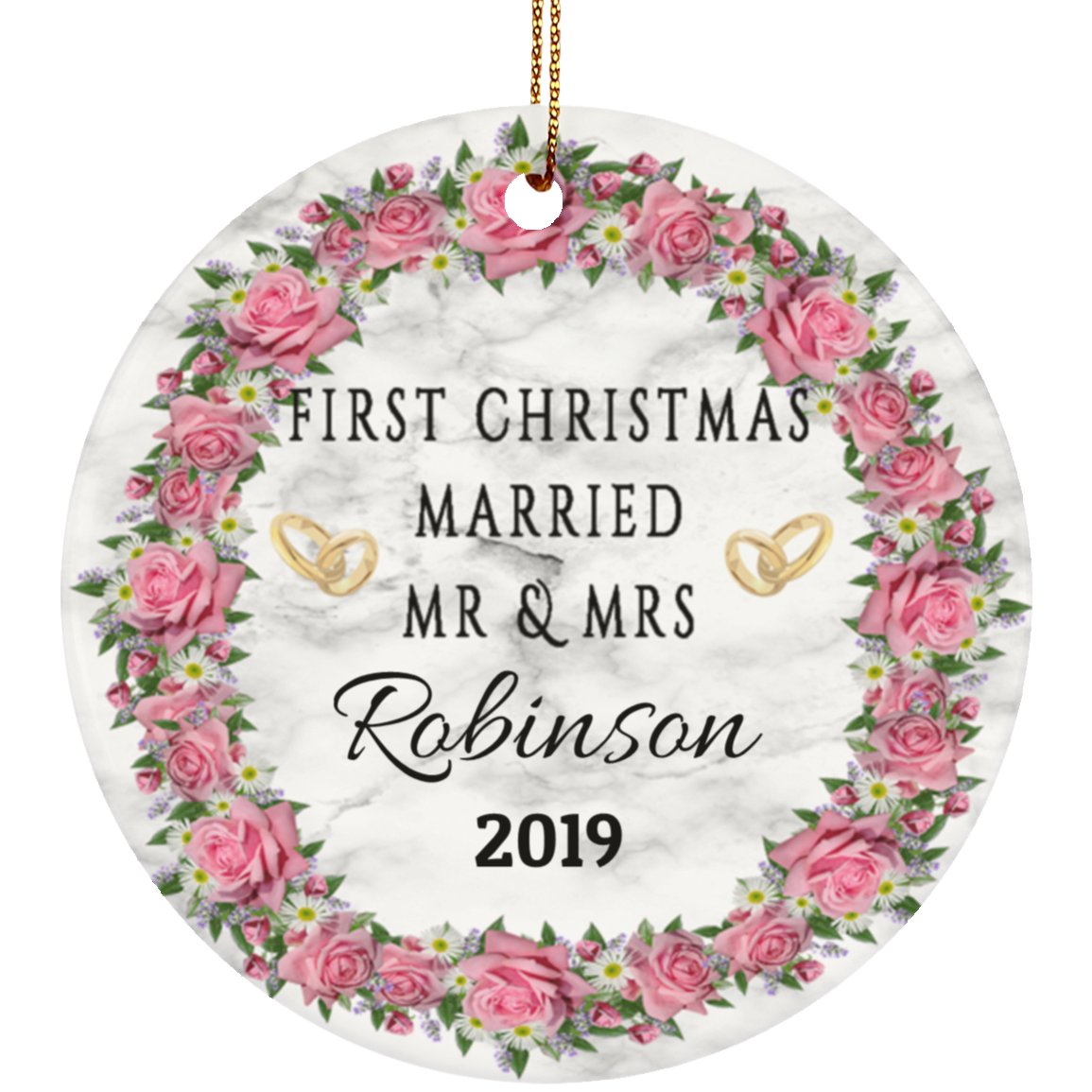 Personalized First Christmas Married Mr Mrs Wedding Ceramic Circle Ornament With Rose Wrath Wedding Rings