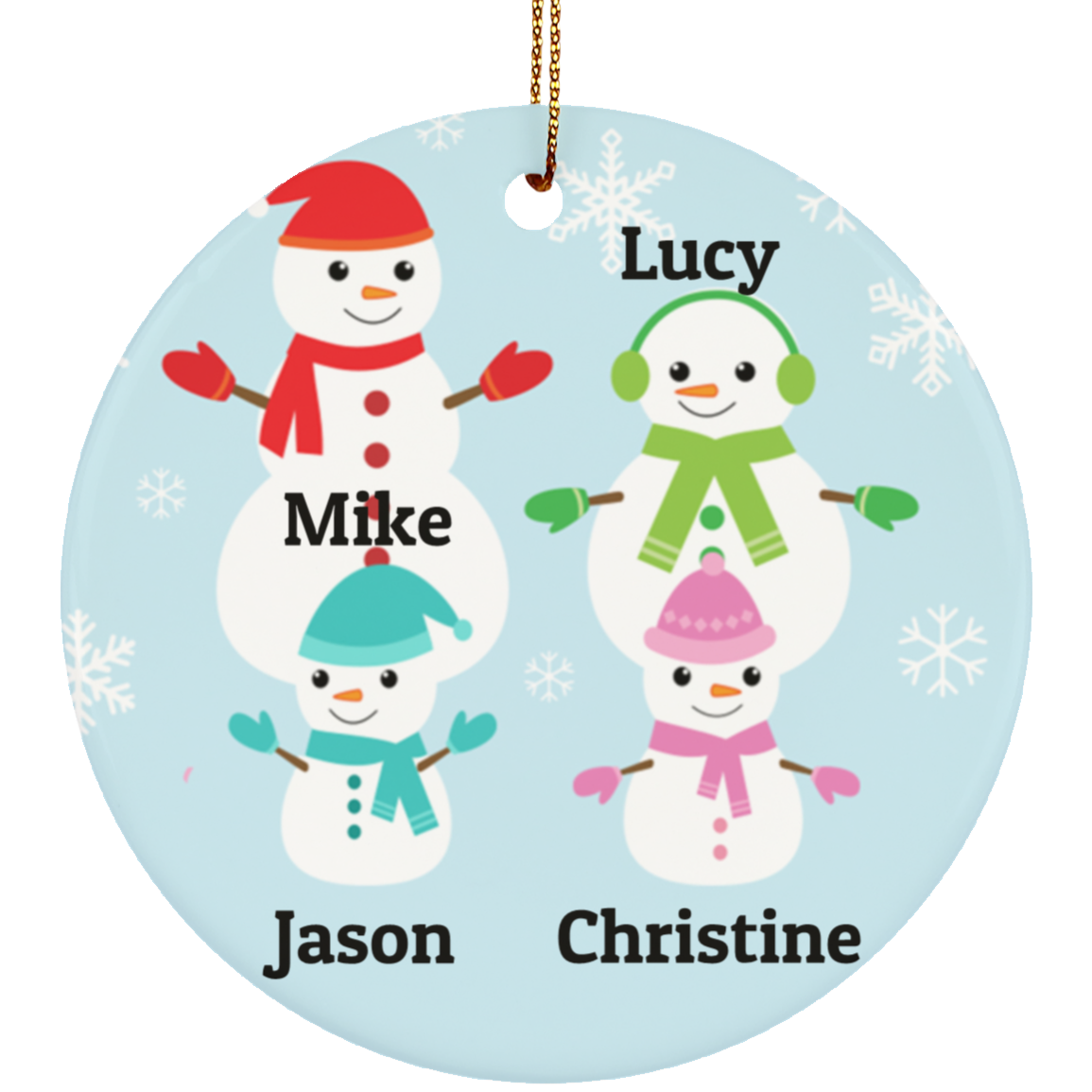 Personalized Snowman Family of 4 With One Boy One Girl Ceramic Circle Ornament