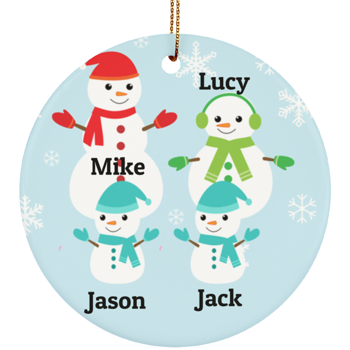 Personalized Snowman Family Of 4 With 2 Boys Ceramic Circle Ornament