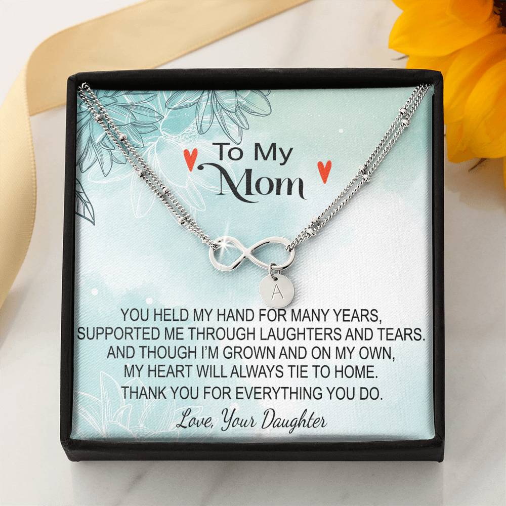 To My Mom Necklace Gift - Infinity Initial Charm Bracelet With My Heart Will Always Tie To Home Message Card
