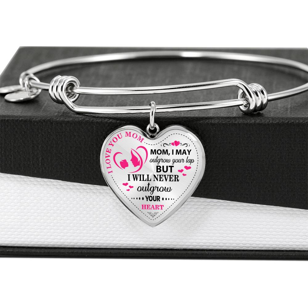 Birthday Mothers Day Gift For Mom From Son - I May Outgrow Your Lap But Never Your Heart Luxury Stainless Steel Heart Pendant Bangle