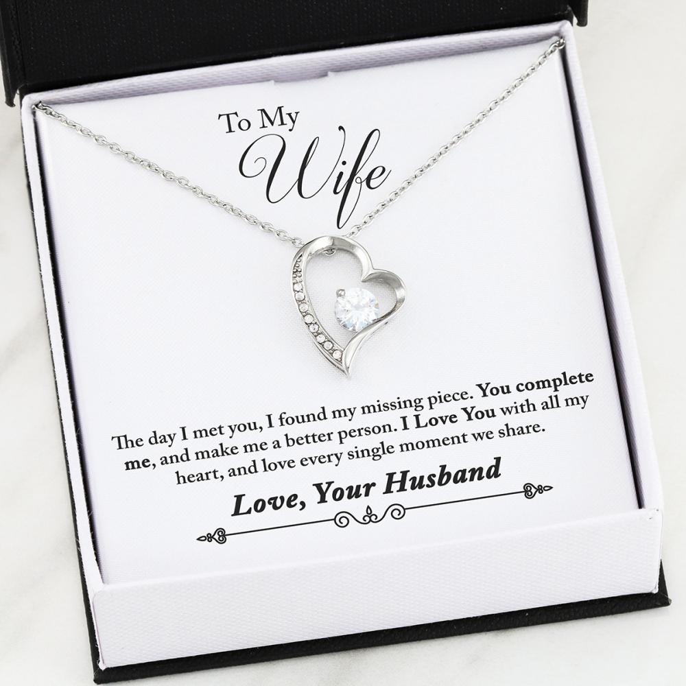 Gift For Wife - Forever Love Heart Necklace With You Complete Me Message Card (white gold finish)