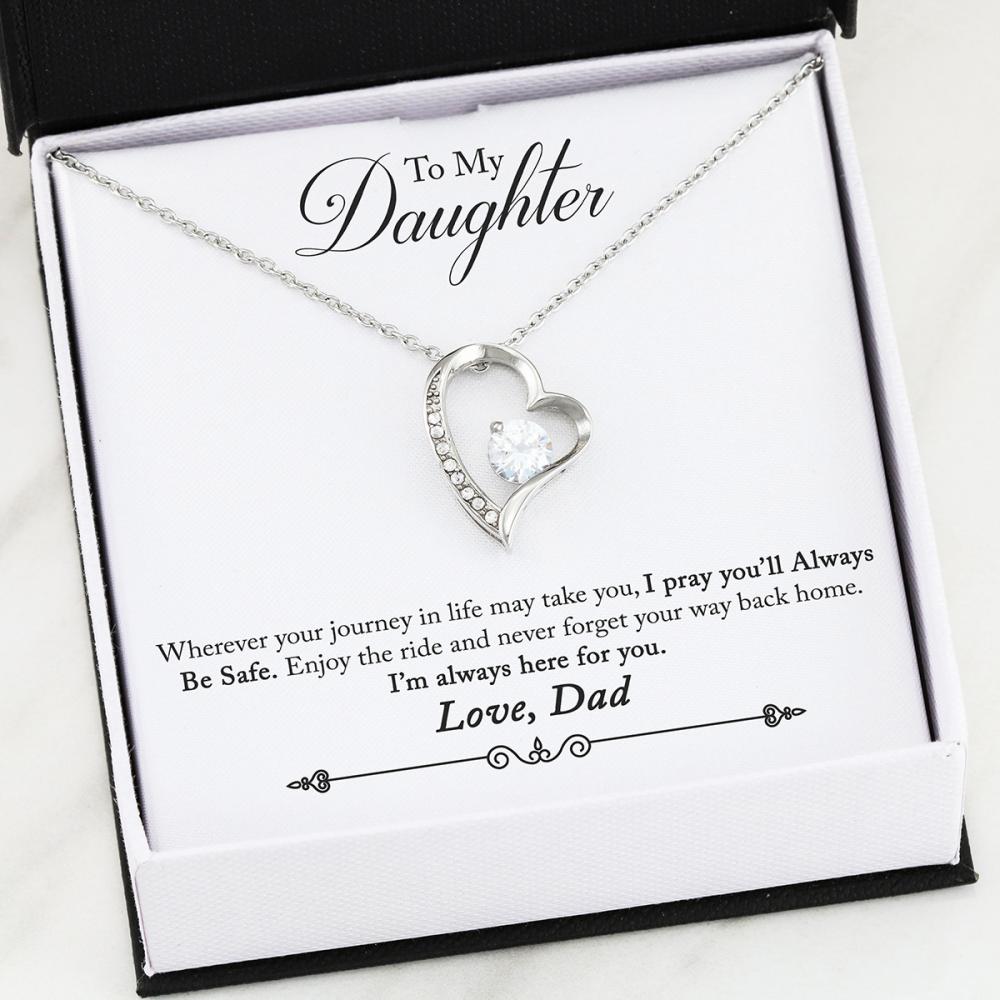 Gift For Daughter From Dad - Luxury Forever Love Necklace With Be Safe Message Card (silver finish)