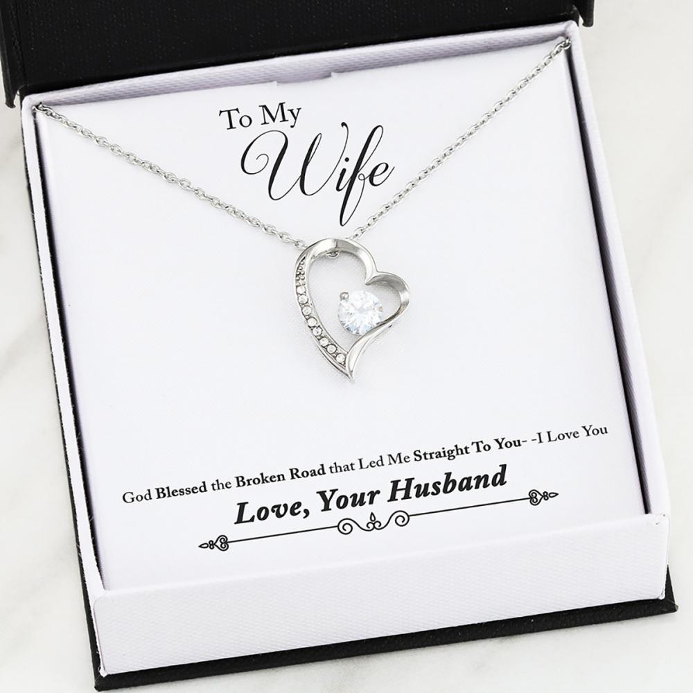 Gift For Wife - Forever Love Heart Necklace With Broken Road Message Card (white gold finish)