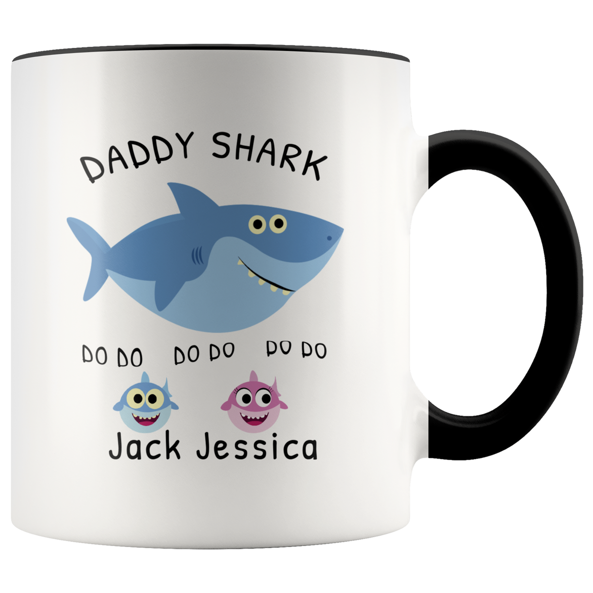 Personalized Dad Mug - Daddy Shark With Personalized Kids Names Accent Coffee Mug 11oz (black)