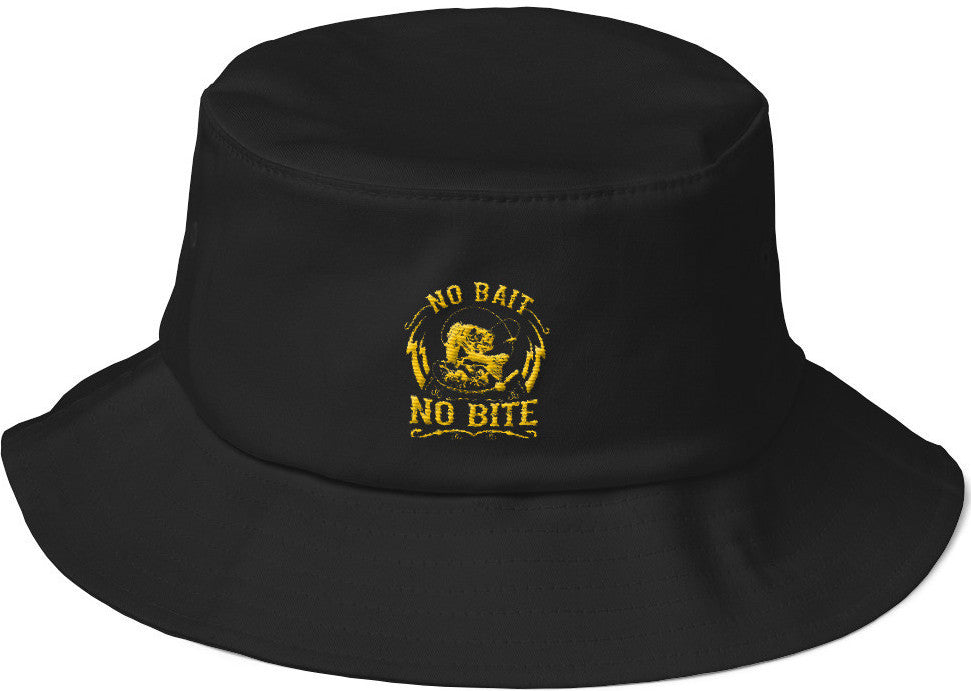 3D Embroidery No Bait No Bite Fishing Old School Bucket Hat With Yellow Threads