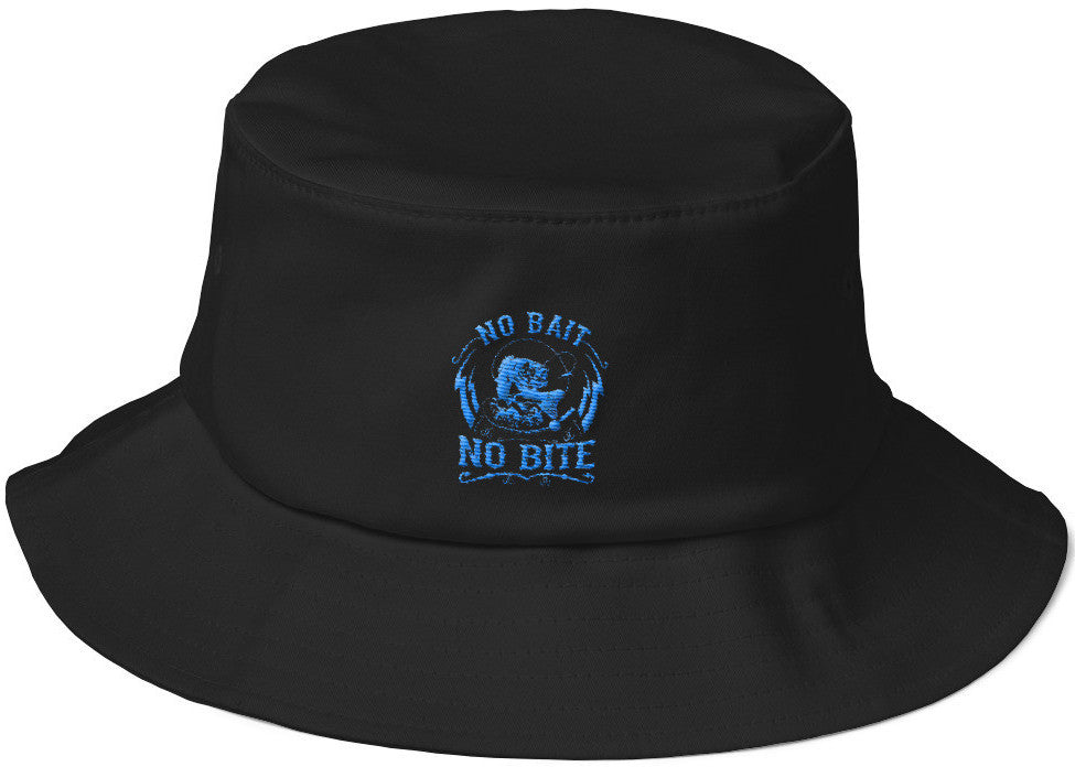 3D Embroidery No Bait No Bite Fishing Old School Bucket Hat With Blue Threads