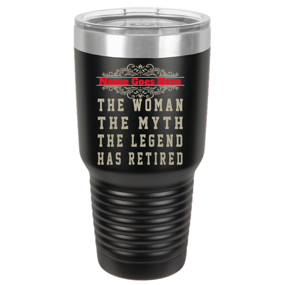 Personalized Retirement Gift For Women - The Woman The Myth The Legend Has Retired - Unique Retirement Gift For Mom Coworker Polar Camel 30oz Ringneck Tumbler Laser Etched With Split Floral (black)